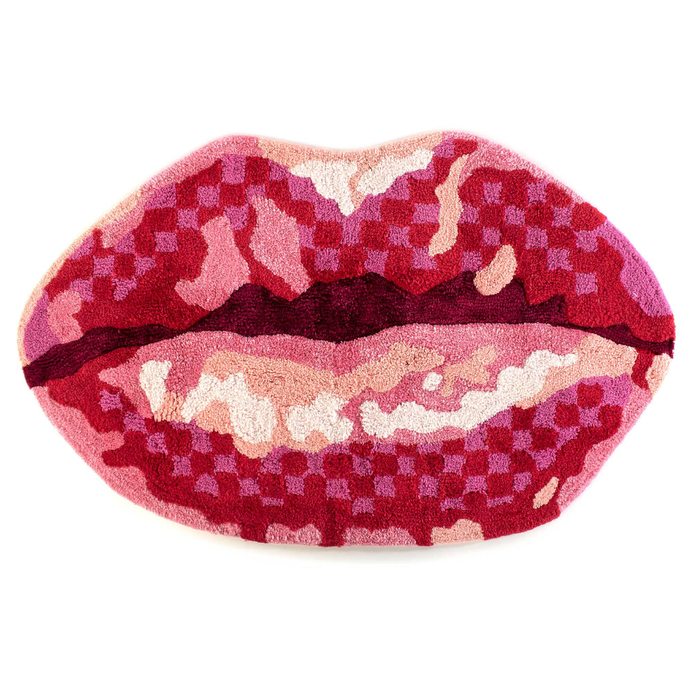 Cotton Bath Rug with Lip Print & Checkered Pattern – 36" x 22"