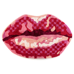 Cotton Bath Rug with Lip Print & Checkered Pattern – 36" x 22"
