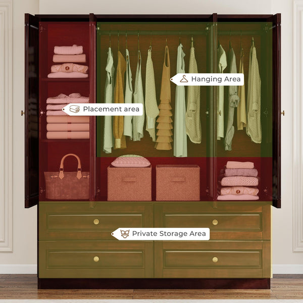 4-Door Solid Wood Armoire Wardrobe with Mirrors & Drawers