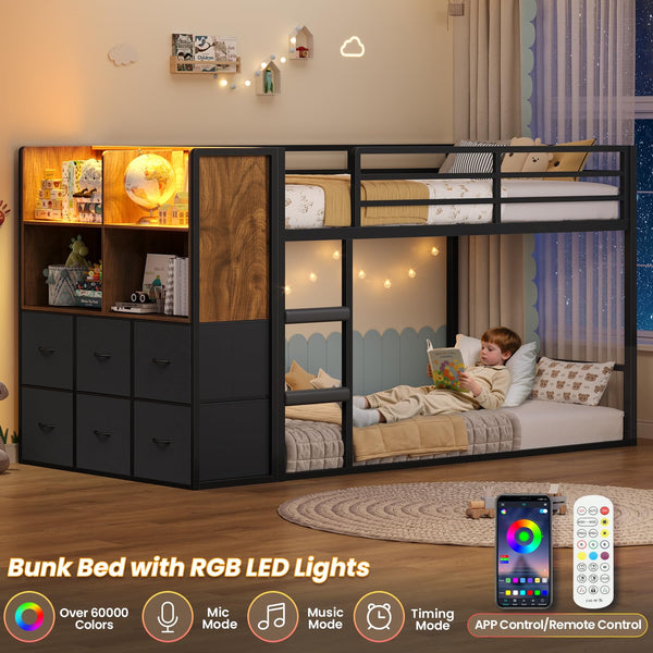 Twin Over Twin Bunk Bed with Storage & LED Lights