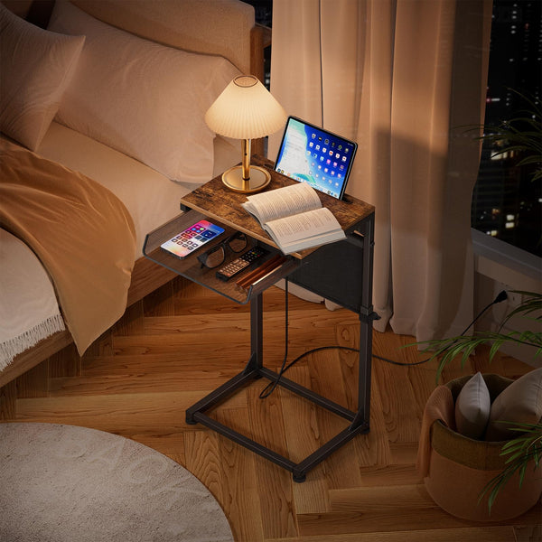 C-Shaped End Table with Charging Station & Storage