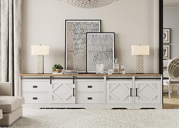 Farmhouse TV Stand for up to 110" TV, 3-in-1 Entertainment Center with Drawers & Cabinets
