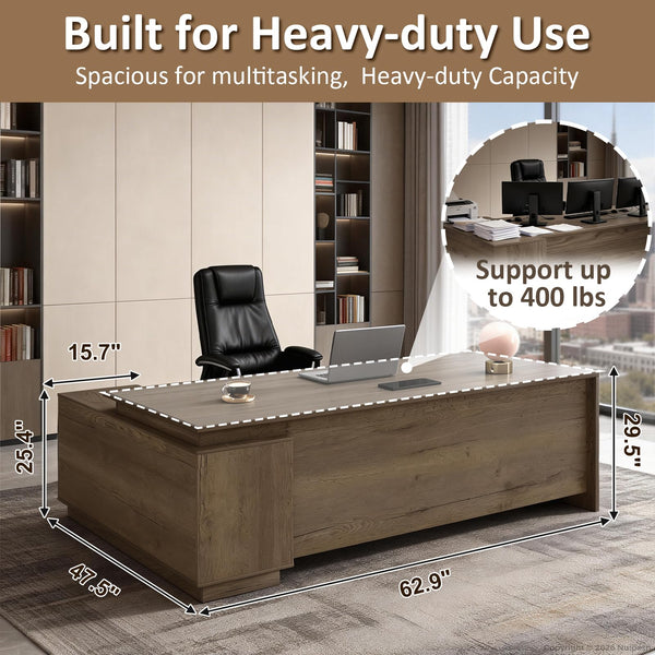 63" L-Shaped Executive Desk with Storage Cabinet & Locking Drawers