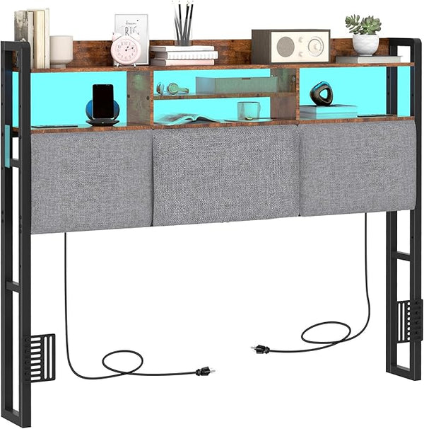 King Upholstered Headboard with LED Lights & Charging Station