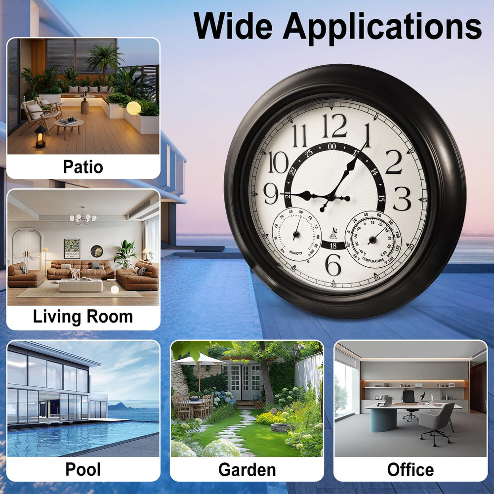 18-Inch Outdoor Wall Clock with Thermometer, Hygrometer & Auto Light Sensor