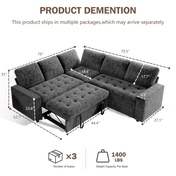 L-Shaped Modular Sectional Sleeper Sofa with Pull-Out Bed