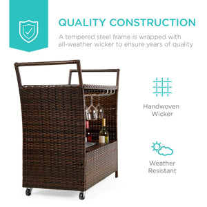 Rolling Wicker Bar Cart with Ice Bucket & Glass Top