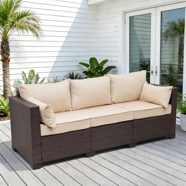 3-Seat Outdoor PE Rattan Sofa with Cushions