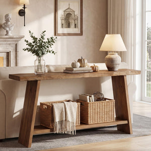 62.99" Solid Wood Console Table with 2-Tier Storage Shelf