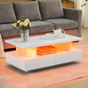 LED Coffee Table with 4 Drawers & Open Shelf – White