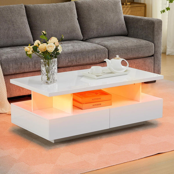LED Coffee Table with 4 Drawers & Open Shelf – White