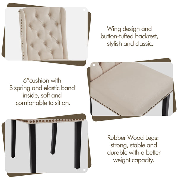 Button-Tufted Upholstered Dining Chairs with Solid Wood Legs – Beige