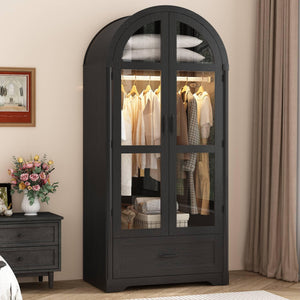 2-Door Arched Armoire Wardrobe with LED Light & Drawers