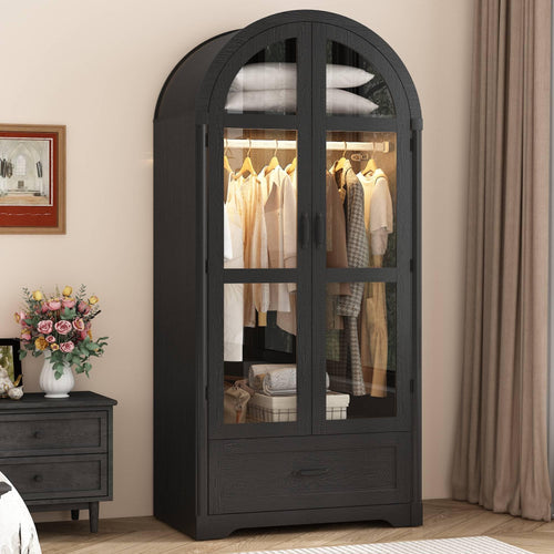 2-Door Arched Armoire Wardrobe with LED Light & Drawers