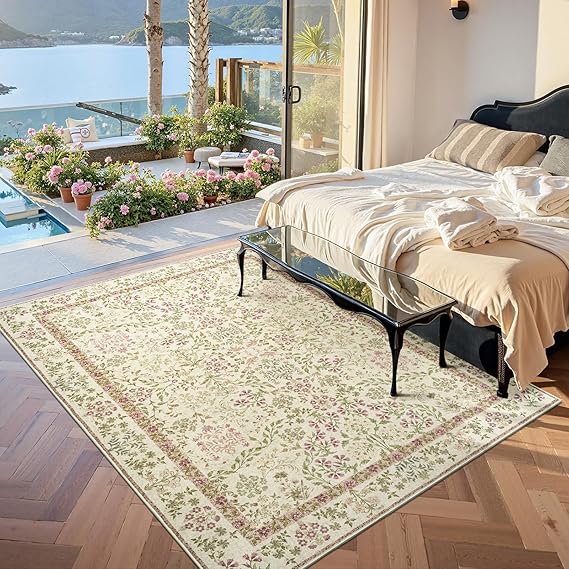 Floral Vintage Area Rug 5x7 Low Pile Machine Washable Non-Slip