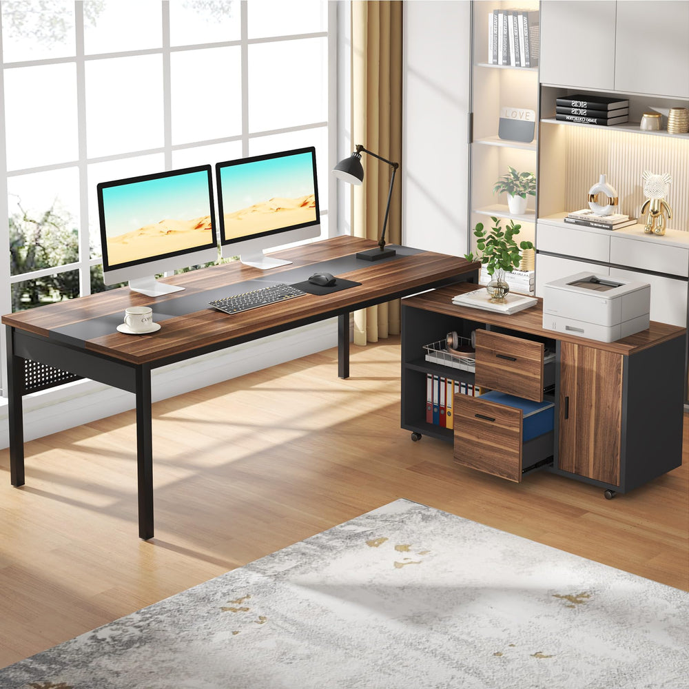 L-Shaped Executive Desk with Mobile File Cabinet & Storage Shelves