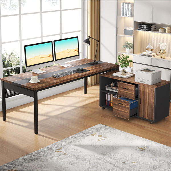 L-Shaped Executive Desk with Mobile File Cabinet & Storage Shelves