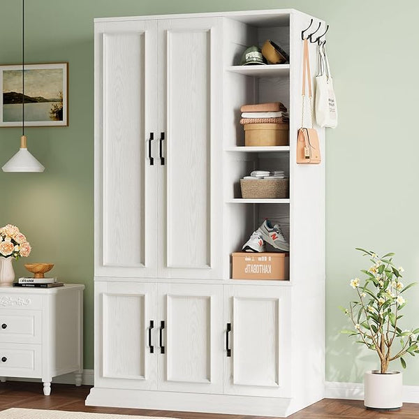 70" 5-Door Wooden Wardrobe with Shelves & Hanging Rod