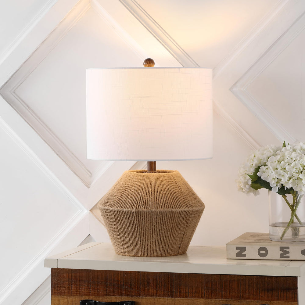 Brown Rope Coastal Rustic Table Lamp with White Linen Drum Shade