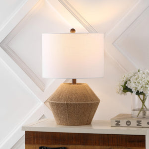 Brown Rope Coastal Rustic Table Lamp with White Linen Drum Shade