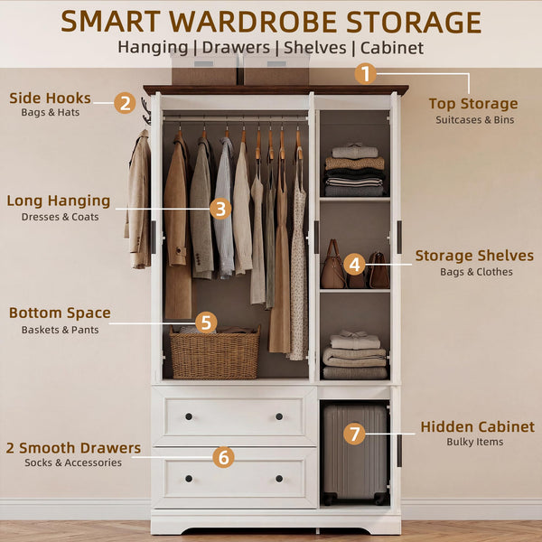 Armoire Wardrobe Closet with Drawers, Hanging Rod & Soft-Close Doors