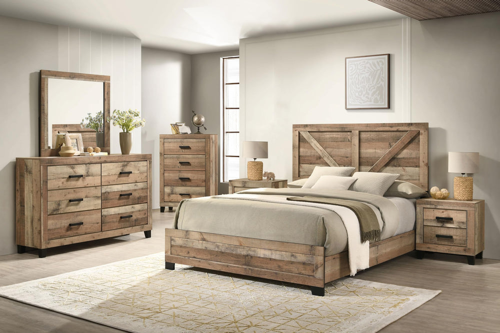 Queen Farmhouse Bedroom Set - 6 Piece with Dresser, Mirror, Chest & 2 Nightstands