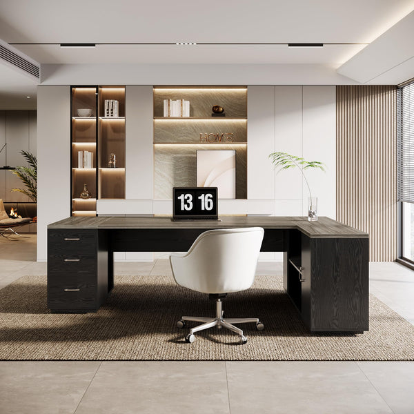 L-Shaped Executive Office Desk with File Drawers & Storage Cabinet