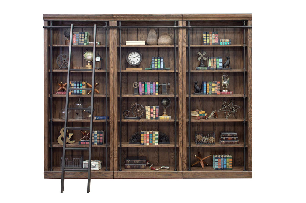 3-Piece Bookcase Wall with Ladder & 5 Adjustable Shelves – Wood & Steel Frame