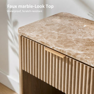Fluted Nightstand Set of 2 with Faux Marble Top, Drawer & Open Shelf