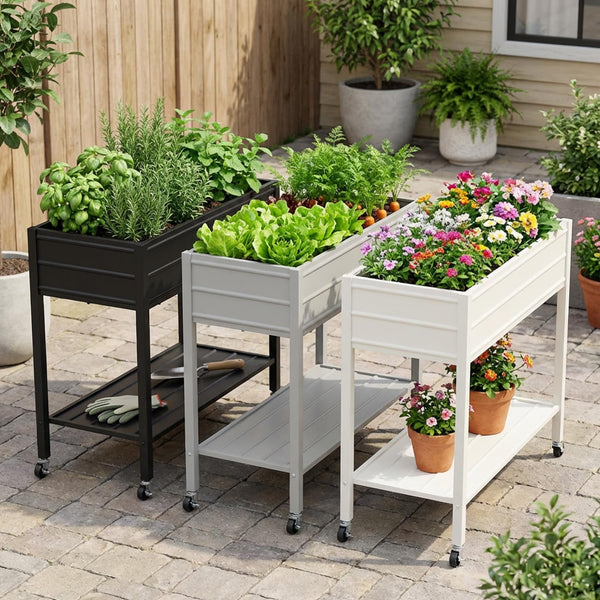 32" Tall Galvanized Raised Garden Bed with Wheels & Shelf