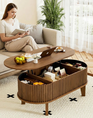 Oval Lift-Top Coffee Table with Fluted Wood & Hidden Storage