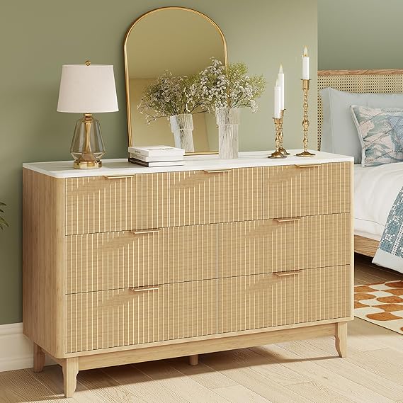 Wooden Dresser TV Stand with LED Lighting & Charging Station