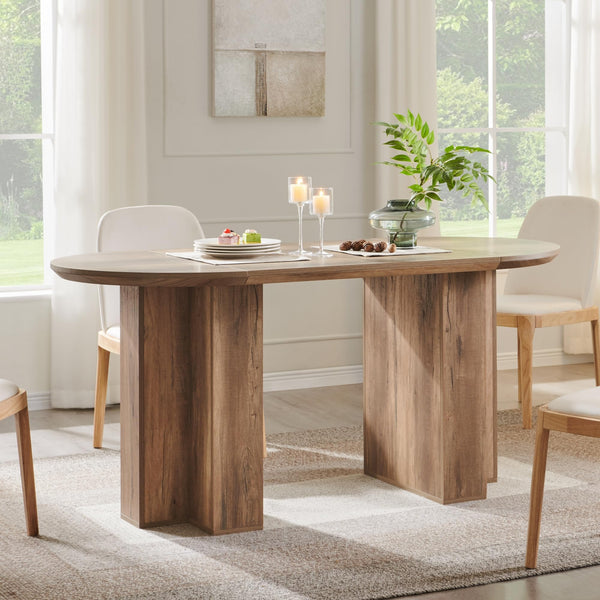 63-Inch Oval Dining Table for 4-6 | Wood-Grain Top & Metal T-Base