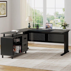 L-Shaped Executive Desk with File Cabinet and Storage Shelves