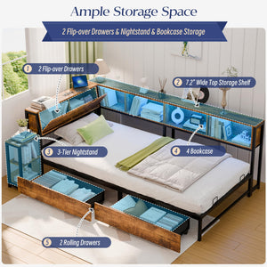 Twin Corner Bed Frame with Storage & LED Lights