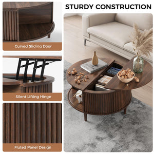 Round Fluted Lift Top Coffee Table with Storage & Sliding Cabinet Door