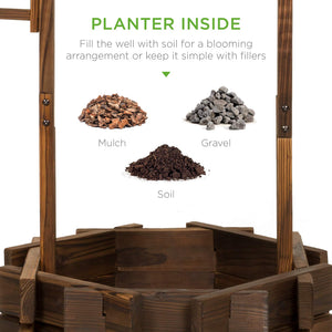 Rustic Wooden Wishing Well Planter with Hanging Bucket