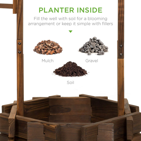 Rustic Wooden Wishing Well Planter with Hanging Bucket