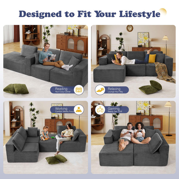 Modular L-Shape Sectional Sofa with Chaise | Deep Seat Corduroy