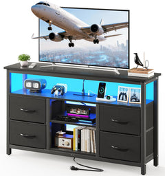 Black TV Stand with LED Lights and Power Outlets for 55 Inch TVs