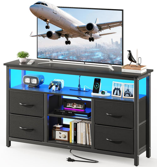 Black TV Stand with LED Lights and Power Outlets for 55 Inch TVs
