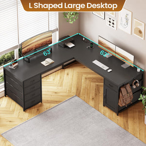 L-Shaped Desk with Drawers, Power Outlet & Monitor Shelf