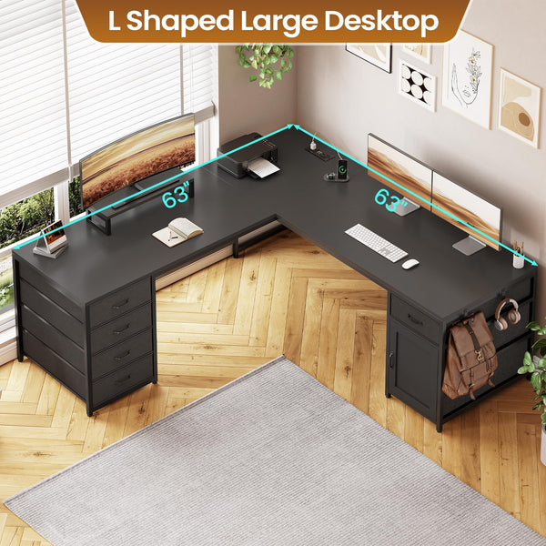 L-Shaped Desk with Drawers, Power Outlet & Monitor Shelf