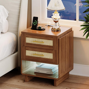 Farmhouse Nightstand with Charging Station & LED Light