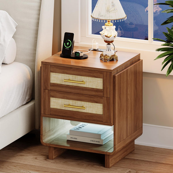 Farmhouse Nightstand with Charging Station & LED Light