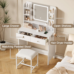 Lighted Vanity with Mirror, Stool & Storage