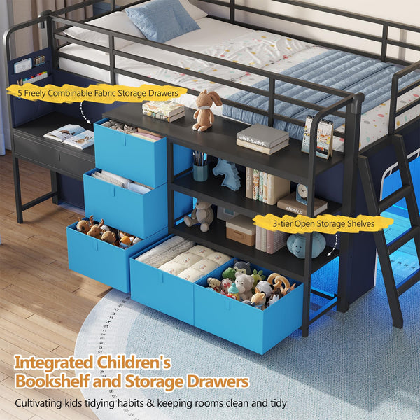 Low Loft Bed with Desk, Storage Drawers & LED Lights – Twin
