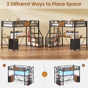 Twin Loft Bed with L-Shaped Desk, Wardrobe & Storage Stairs