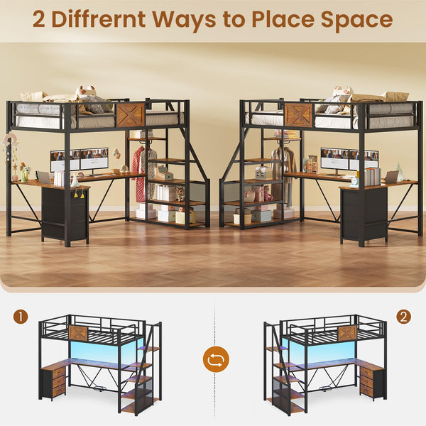 Twin Loft Bed with L-Shaped Desk, Wardrobe & Storage Stairs