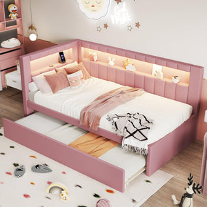 L-Shaped Upholstered Daybed with Trundle, USB Ports & LED Lighting